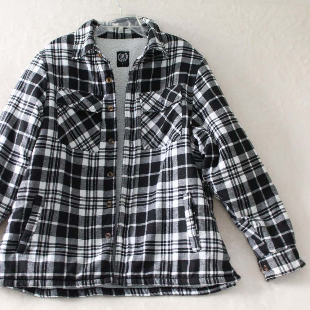 15 Brand Sherpa Lined Plaid Flannel Shirt Jacket Black White Size L